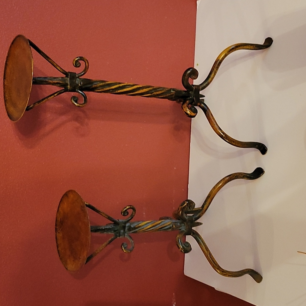 1 set of Brass Candle Holders, 2 green candles,beading around the candles